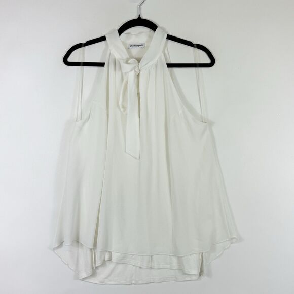 Cha Cha Vente Womens Medium Ivory Crinkle Crepe Tie Front Halter Tank Top Shirt - Picture 2 of 8